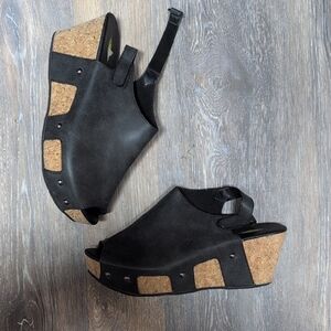 Volatile Black and Tan Wedge Sandals